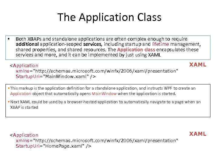 The Application Class • Both XBAPs and standalone applications are often complex enough to