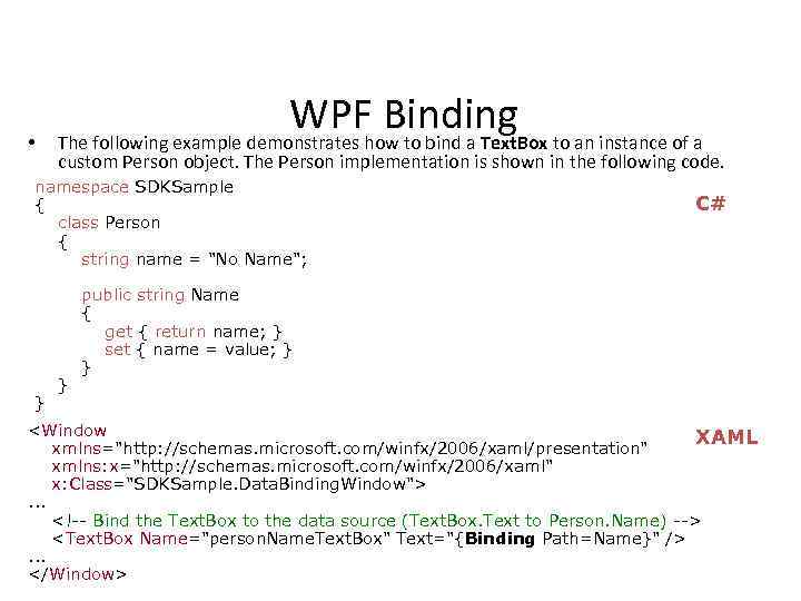  • WPF Binding The following example demonstrates how to bind a Text. Box