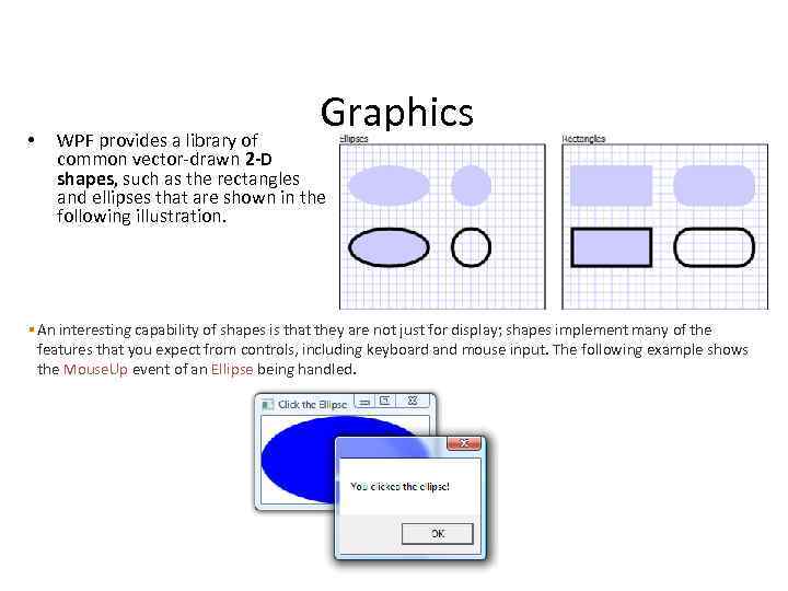  • Graphics WPF provides a library of common vector-drawn 2 -D shapes, such