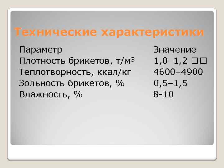 Технические характеристики Параметр Значение Плотность брикетов, т/м³ 1, 0– 1, 2 Теплотворность, ккал/кг 4600–