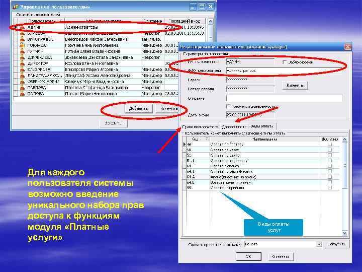 Для каждого пользователя системы возможно введение уникального набора прав доступа к функциям модуля «Платные