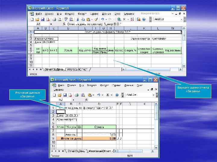 Итоговые данные «За день» Вариант шапки отчета «За день» 