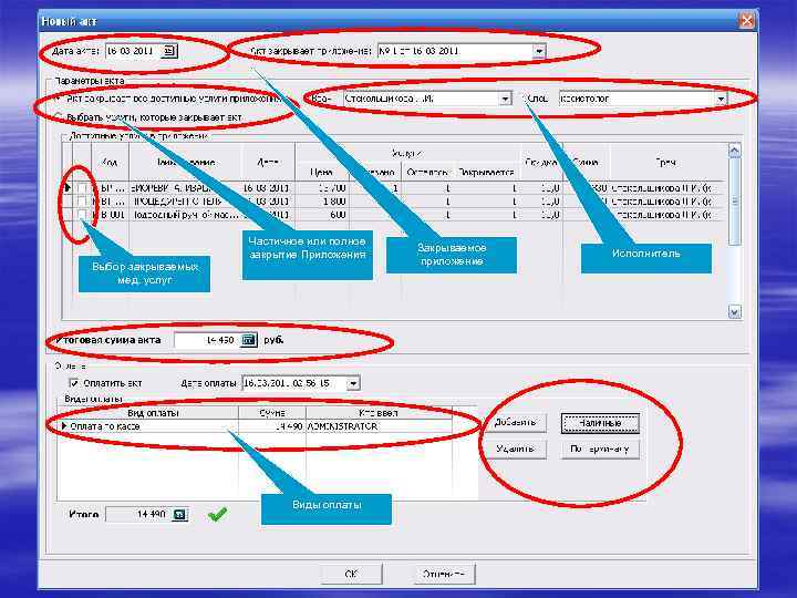 Выбор закрываемых мед. услуг Частичное или полное закрытие Приложения Виды оплаты Закрываемое приложение Исполнитель