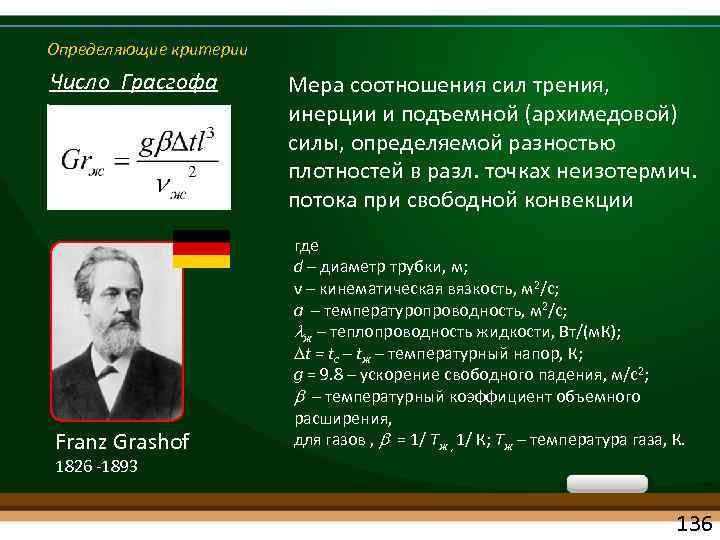 Определяющие критерии Число Грасгофа Franz Grashof Мера соотношения сил трения, инерции и подъемной (архимедовой)