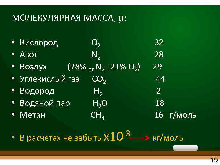 МОЛЕКУЛЯРНАЯ МАССА, m: • • Кислород О 2 32 Азот N 2 28 Воздух