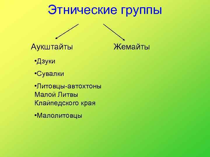 Этнические группы Аукштайты • Дзуки • Сувалки • Литовцы-автохтоны Малой Литвы Клайпедского края •