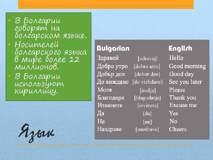  • В Болгарии говорят на болгарском языке. • Носителей болгарского языка в мире