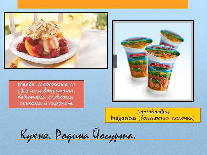 Мелба: мороженое со свежими фруктами, взбитыми сливками, орехами и сиропом. Lactobacillus bulgaricus (болгарская палочка)
