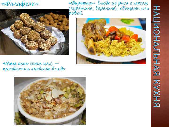  «Фалафель» «Умм али» (омм али) — праздничное арабское блюдо «Бирьяни» - блюдо из