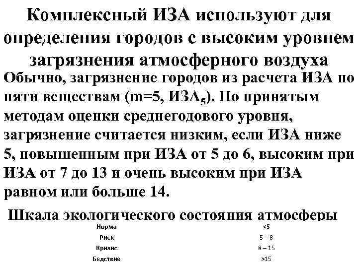 Комплексный ИЗА используют для определения городов с высоким уровнем загрязнения атмосферного воздуха Обычно, загрязнение