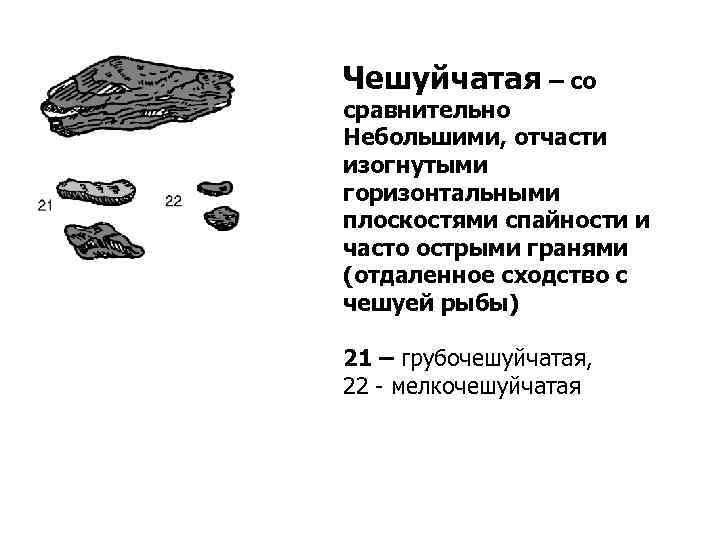 Чешуйчатая – со сравнительно Небольшими, отчасти изогнутыми горизонтальными плоскостями спайности и часто острыми гранями