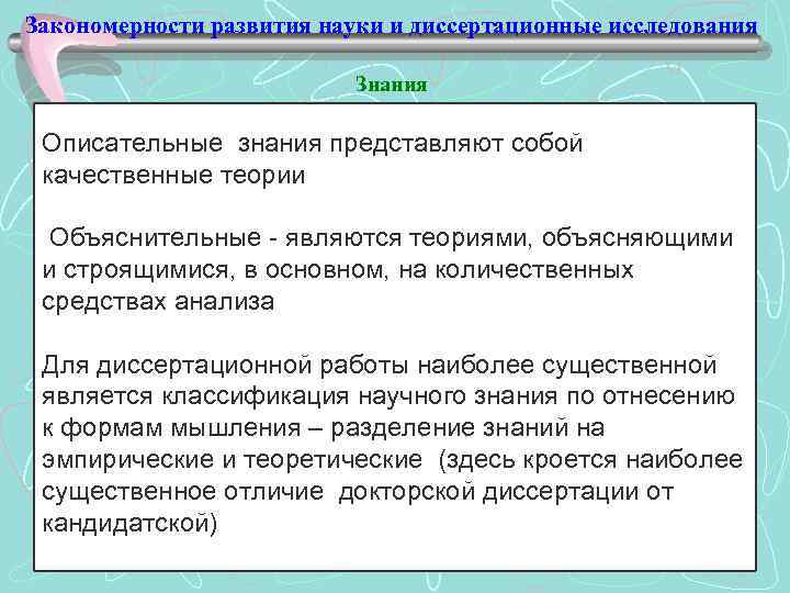 Закономерности развития науки и диссертационные исследования Знания Описательные знания представляют собой качественные теории Объяснительные