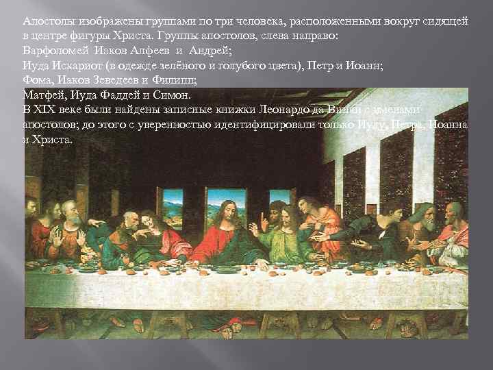 Апостолы изображены группами по три человека, расположенными вокруг сидящей в центре фигуры Христа. Группы
