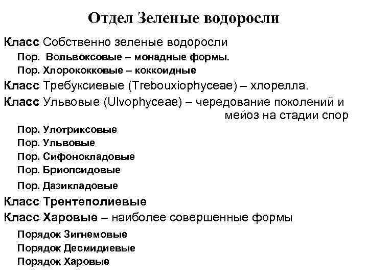 Отдел Зеленые водоросли Класс Собственно зеленые водоросли Пор. Вольвоксовые – монадные формы. Пор. Хлорококковые