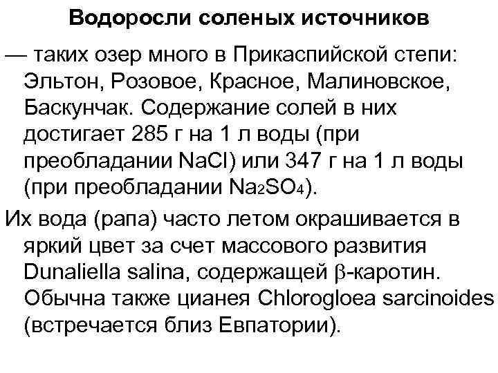 Водоросли соленых источников — таких озер много в Прикаспийской степи: Эльтон, Розовое, Красное, Малиновское,