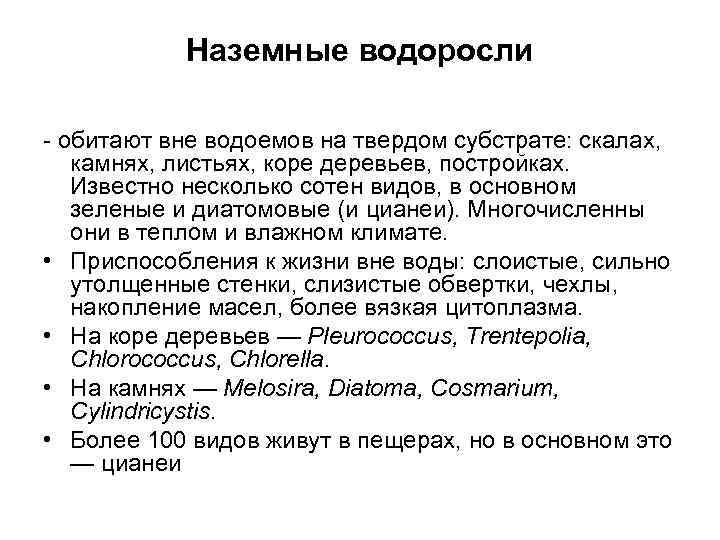 Наземные водоросли - обитают вне водоемов на твердом субстрате: скалах, камнях, листьях, коре деревьев,