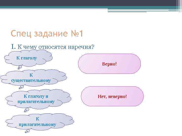 Спец задание № 1 I. К чему относятся наречия? К глаголу Верно! К существительному