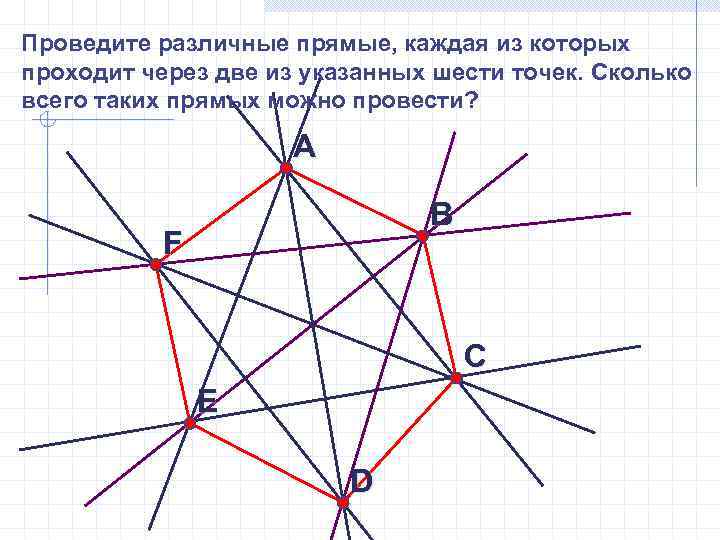 Проведите различные прямые, каждая из которых проходит через две из указанных шести точек. Сколько