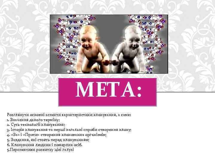 МЕТА: Розглянути основні аспекти характеристики клонування, а саме: 1. Значення даного терміну; 2. Суть