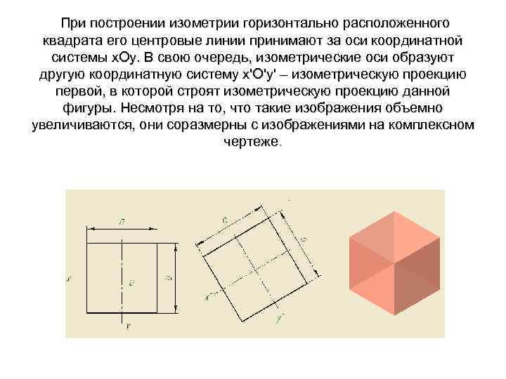 При построении изометрии горизонтально расположенного квадрата его центровые линии принимают за оси координатной системы