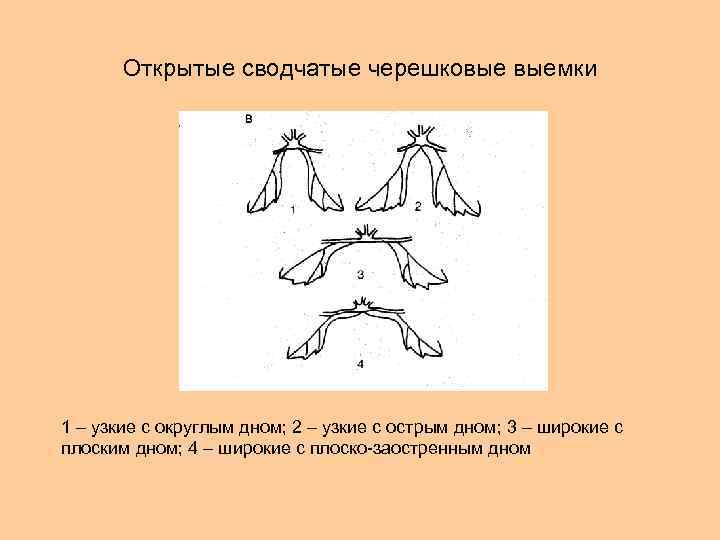 Открытые сводчатые черешковые выемки 1 – узкие с округлым дном; 2 – узкие с