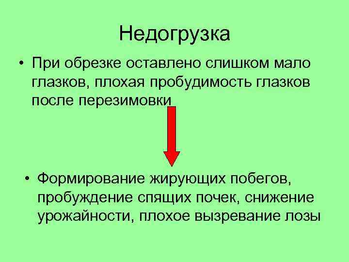 Недогрузка • При обрезке оставлено слишком мало глазков, плохая пробудимость глазков после перезимовки •