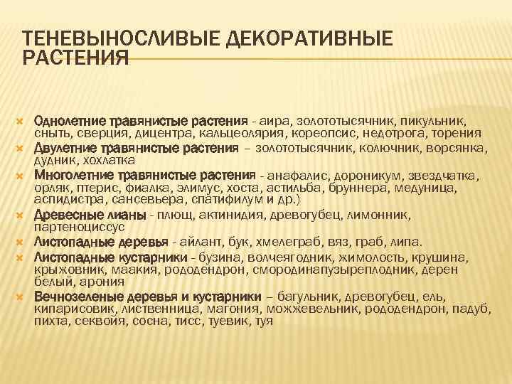 ТЕНЕВЫНОСЛИВЫЕ ДЕКОРАТИВНЫЕ РАСТЕНИЯ Однолетние травянистые растения - аира, золототысячник, пикульник, сныть, cверция, дицентра, кальцеолярия,