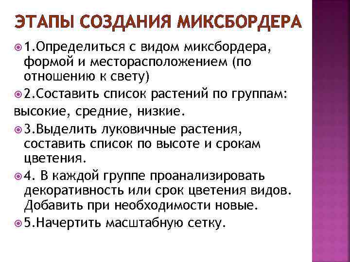 ЭТАПЫ СОЗДАНИЯ МИКСБОРДЕРА 1. Определиться с видом миксбордера, формой и месторасположением (по отношению к