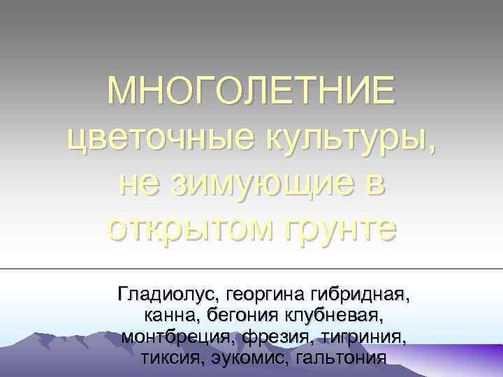 МНОГОЛЕТНИЕ цветочные культуры, не зимующие в открытом грунте Гладиолус, георгина гибридная, канна, бегония клубневая,