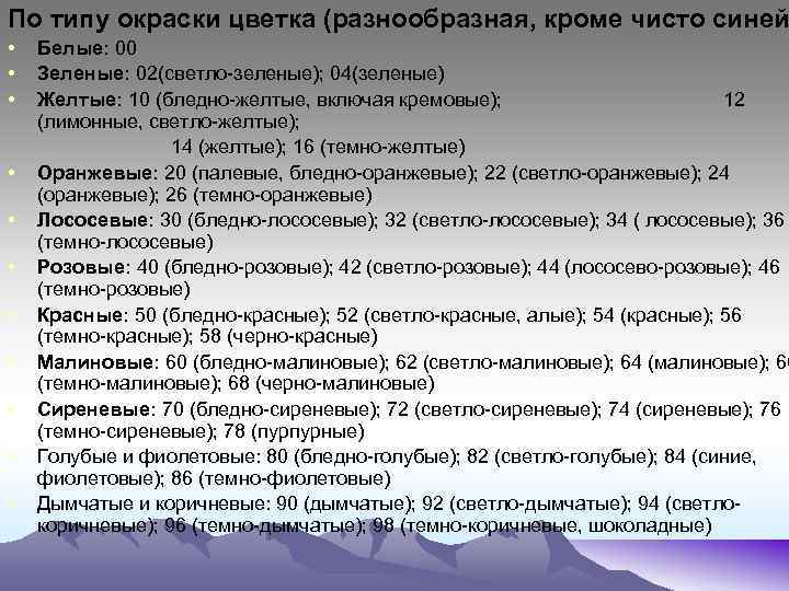 По типу окраски цветка (разнообразная, кроме чисто синей • • • Белые: 00 Зеленые: