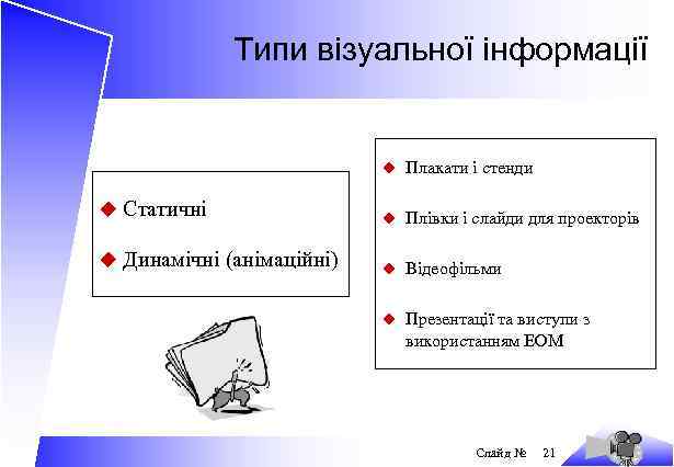 Типи візуальної інформації u Плакати і стенди u Статичні u Плівки і слайди для