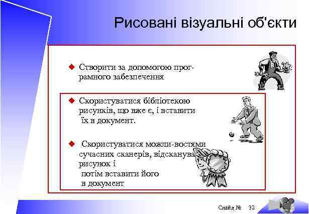 Рисовані візуальні об'єкти u Створити за допомогою прог- рамного забезпечення u Скористуватися бібліотекою рисунків,