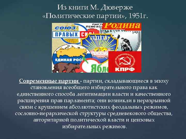 Из книги М. Дюверже «Политические партии» , 1951 г. Современные партии - партии, складывающиеся