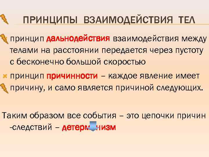 ПРИНЦИПЫ ВЗАИМОДЕЙСТВИЯ ТЕЛ принцип дальнодействия взаимодействия между телами на расстоянии передается через пустоту с