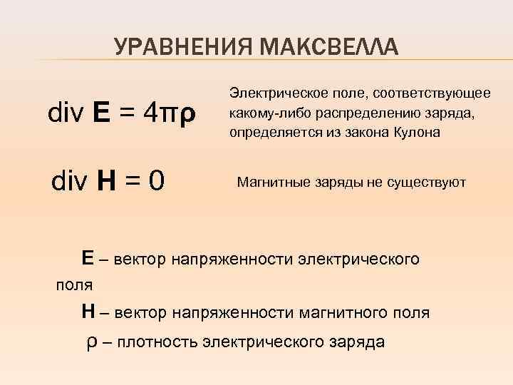 УРАВНЕНИЯ МАКСВЕЛЛА div E = 4πρ div H = 0 Электрическое поле, соответствующее какому-либо