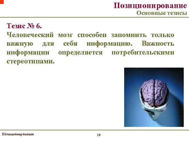 Позиционирование Основные тезисы Тезис № 6. Человеческий мозг способен запомнить только важную для себя