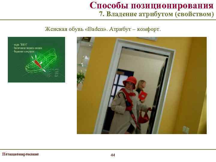 Способы позиционирования 7. Владение атрибутом (свойством) Женская обувь «Baden» . Атрибут – комфорт. Позиционирование