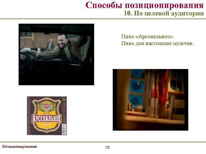 Способы позиционирования 10. По целевой аудитории Пиво «Арсенальное» . Пиво для настоящих мужчин. Позиционирование