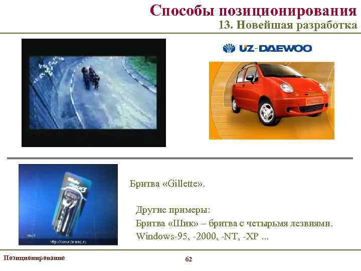 Способы позиционирования 13. Новейшая разработка Бритва «Gillette» . Другие примеры: Бритва «Шик» – бритва