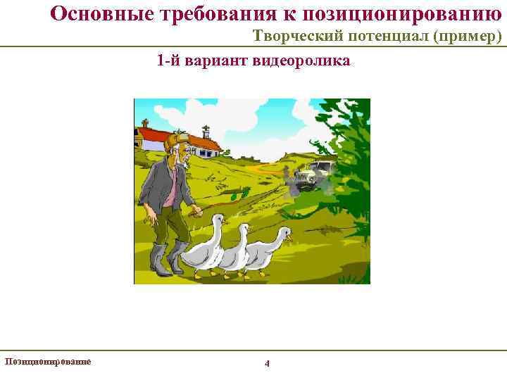 Основные требования к позиционированию Творческий потенциал (пример) 1 -й вариант видеоролика Позиционирование 4 