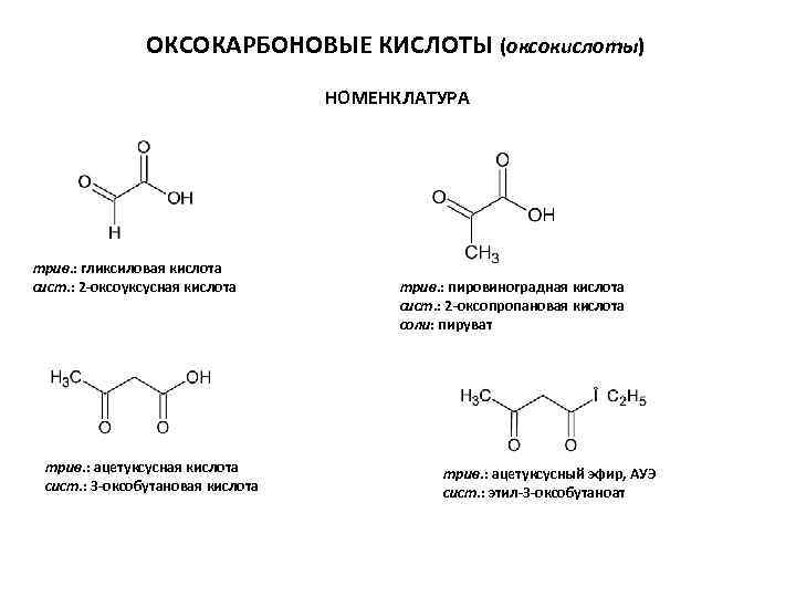 ОКСОКАРБОНОВЫЕ КИСЛОТЫ (оксокислоты) НОМЕНКЛАТУРА трив. : гликсиловая кислота сист. : 2 -оксоуксусная кислота трив.