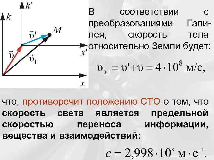 В соответствии с преобразованиями Галилея, скорость тела относительно Земли будет: что, противоречит положению СТО