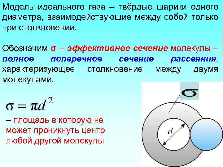 Модель идеального газа – твёрдые шарики одного диаметра, взаимодействующие между собой только при столкновении.