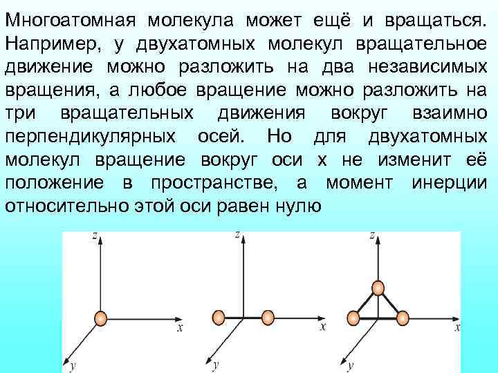 Многоатомная молекула может ещё и вращаться. Например, у двухатомных молекул вращательное движение можно разложить