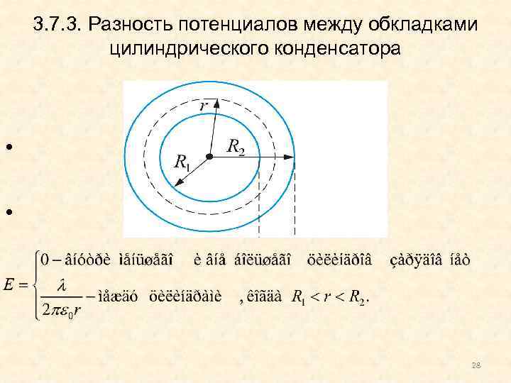 3. 7. 3. Разность потенциалов между обкладками цилиндрического конденсатора • • 28 