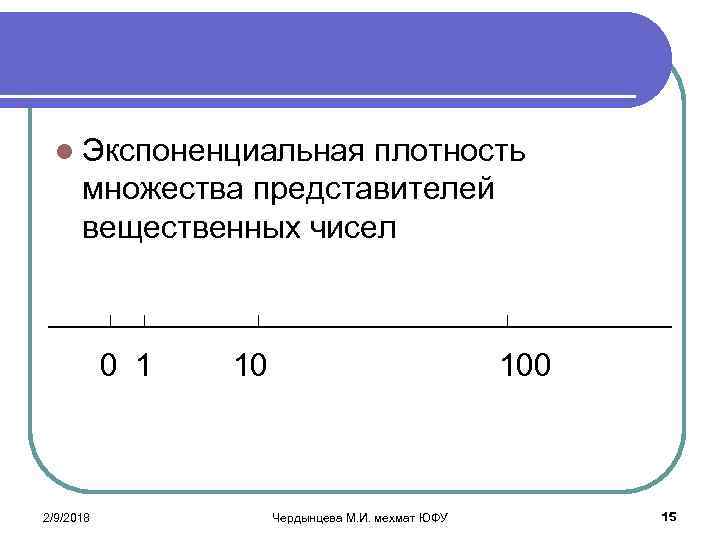 l Экспоненциальная плотность множества представителей вещественных чисел 0 1 10 100 2/9/2018 Чердынцева М.