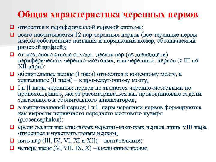 Общая характеристика черепных нервов q q q q q относятся к периферической нервной системе;