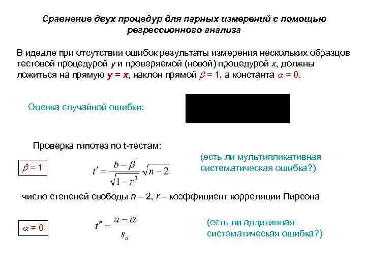 Сравнение двух процедур для парных измерений с помощью регрессионного анализа В идеале при отсутствии