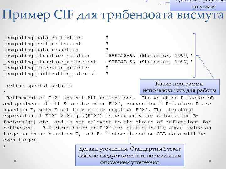 Дианазон рефлексо по углам Пример CIF для трибензоата висмута _computing_data_collection _computing_cell_refinement _computing_data_reduction _computing_structure_solution _computing_structure_refinement