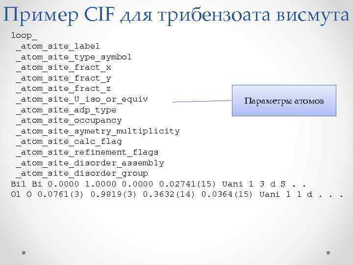 Пример CIF для трибензоата висмута loop_ _atom_site_label _atom_site_type_symbol _atom_site_fract_x _atom_site_fract_y _atom_site_fract_z _atom_site_U_iso_or_equiv Параметры атомов